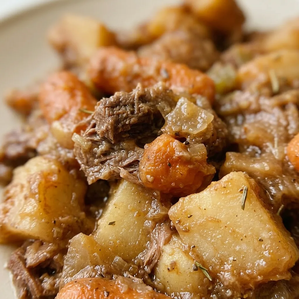 Close view of tender beef stew meat and vegetables coated in glossy gravy with visible garlic and parsley.