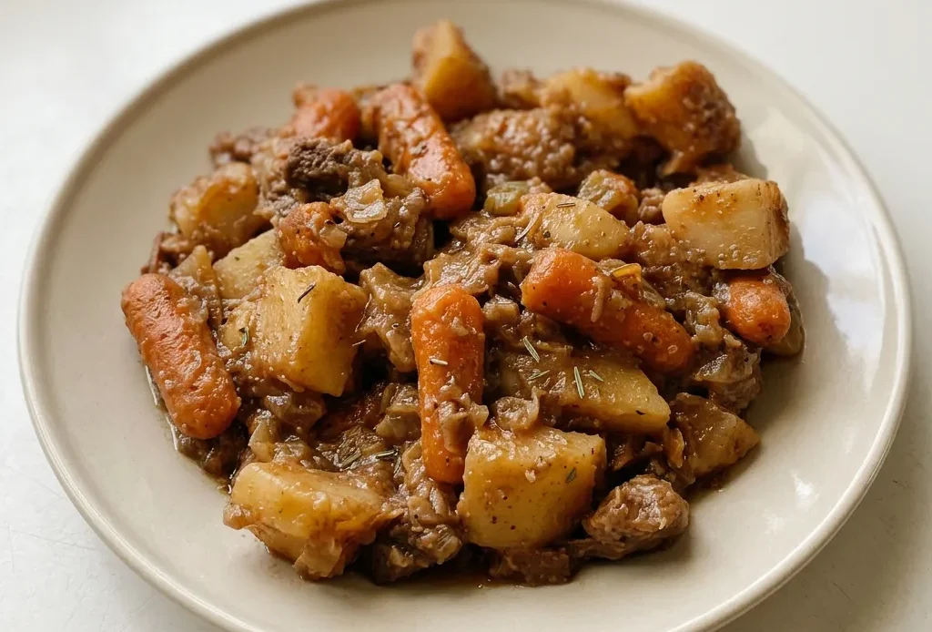 Overhead shot of beef stew with chunks of meat, potatoes, carrots, and celery in thick brown broth.