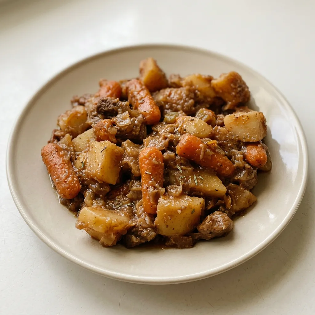 Overhead shot of beef stew with chunks of meat, potatoes, carrots, and celery in thick brown broth.