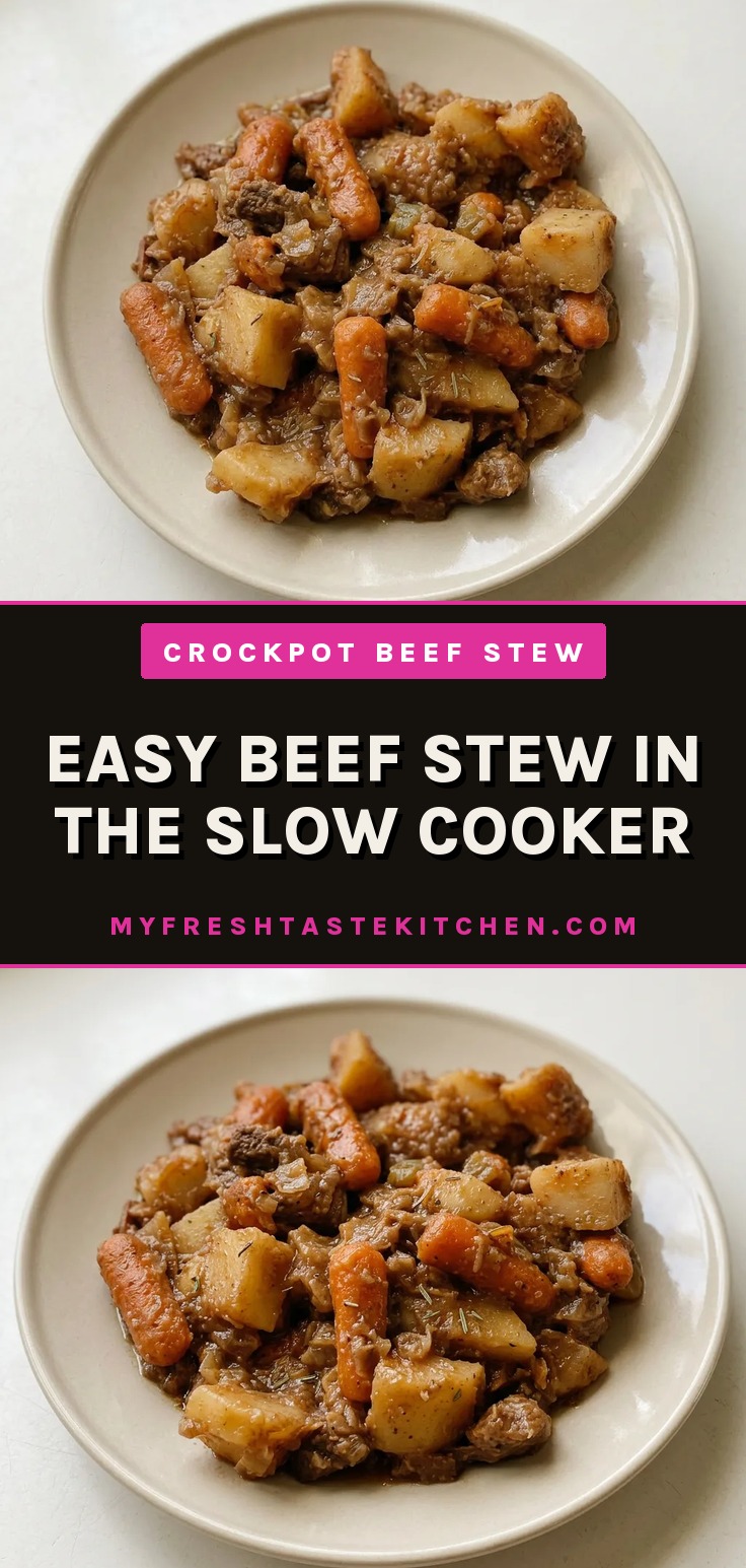 Easy beef stew in the slow cooker with beef stew meat, potatoes, and carrots in brown gravy.
