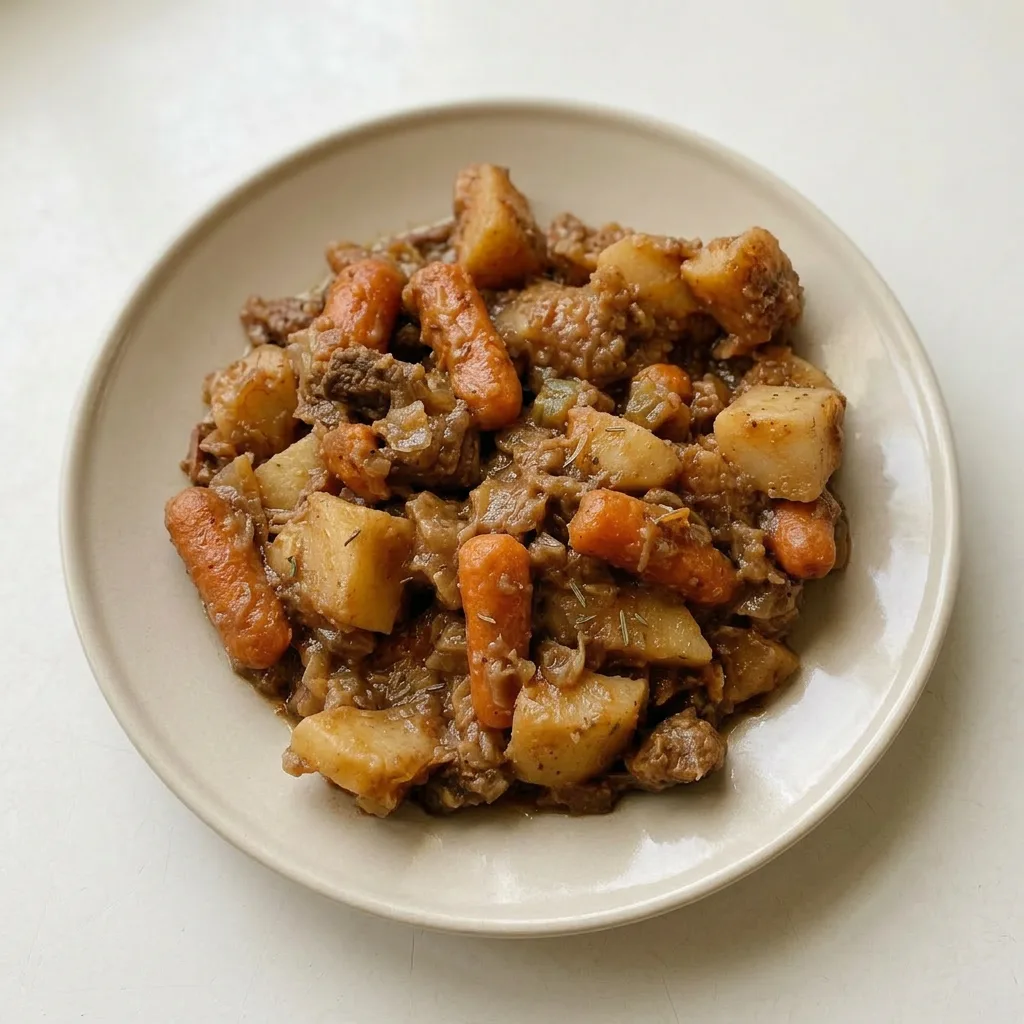 Plated beef stew with carrots, potatoes, and celery in a bowl, topped with fresh parsley.