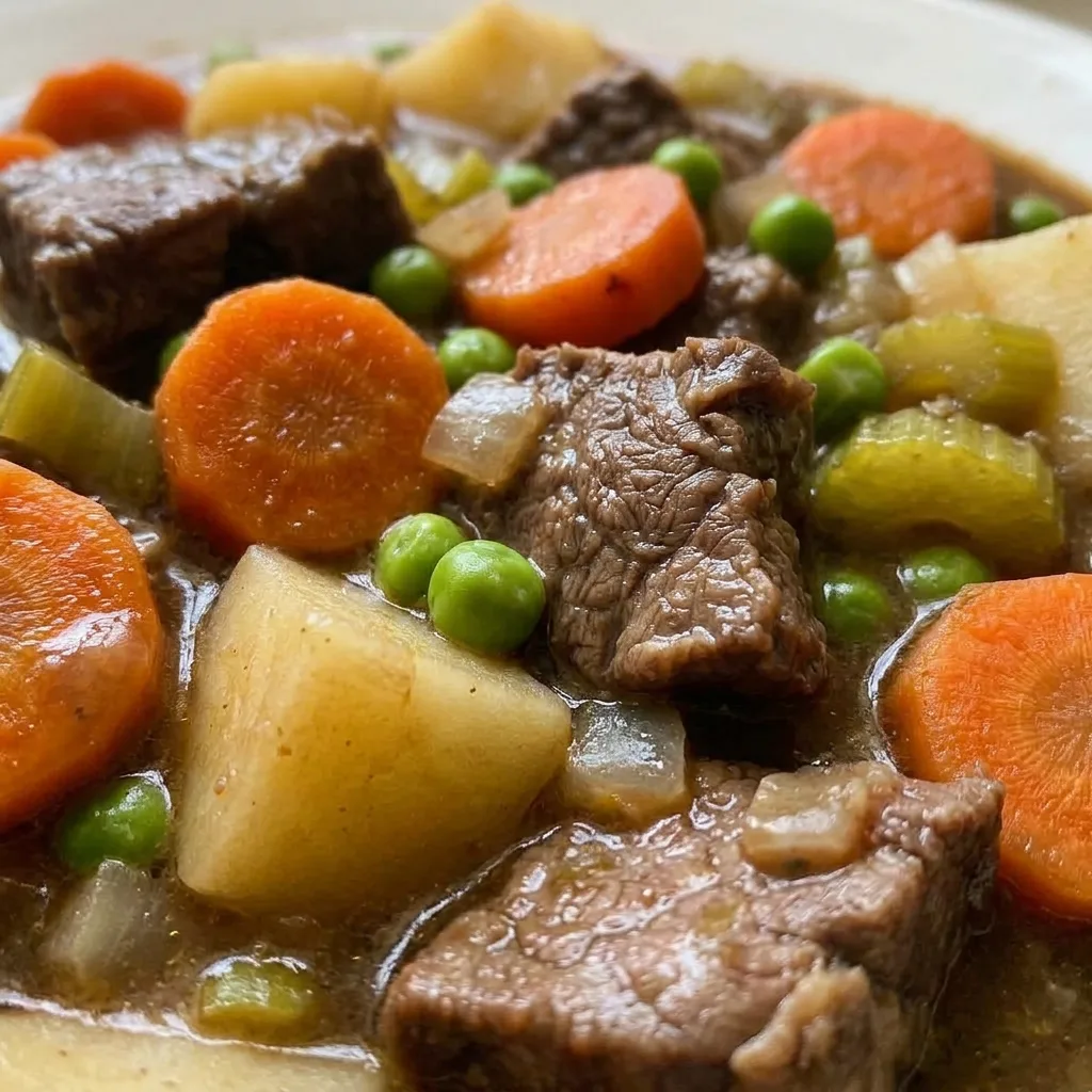 Up close, a spoonful of tender beef chuck, carrot, and potato in rich beef stock with visible Worcestershire sauce sheen.