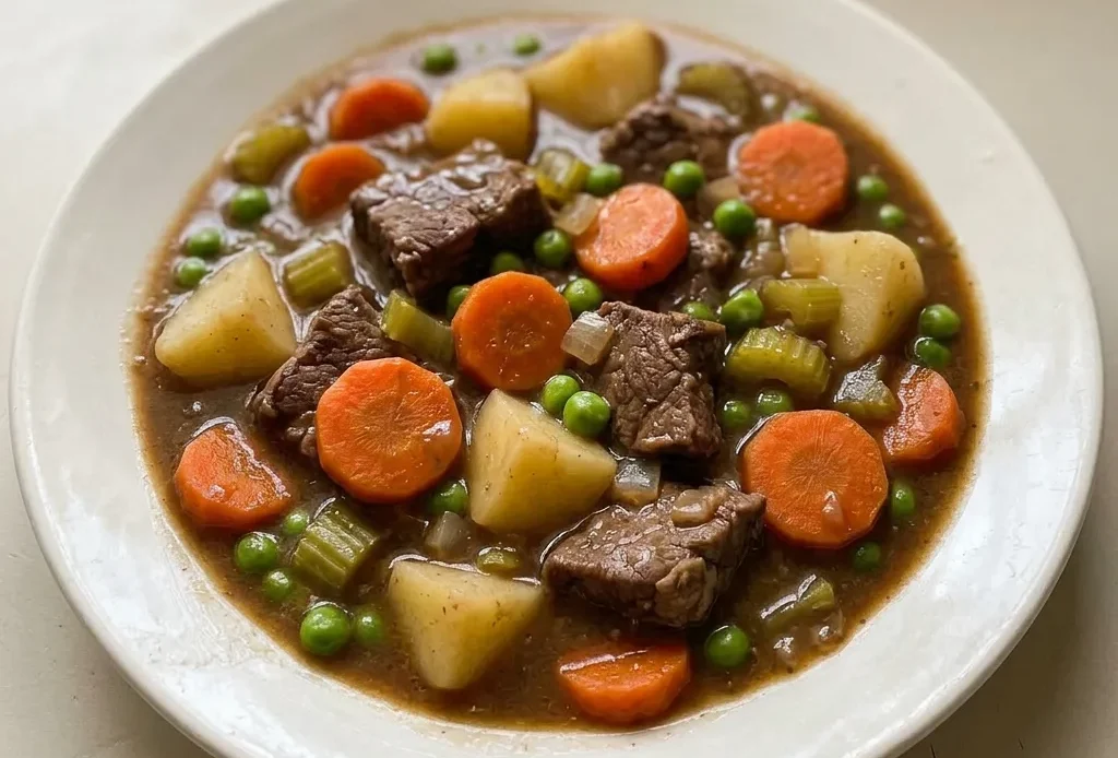 Looking down at a bowl of beef stew with chunks of beef, carrots, potatoes, and peas in a thick brown gravy.