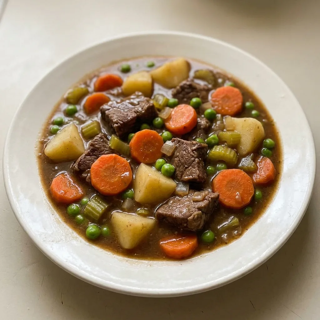 Looking down at a bowl of beef stew with chunks of beef, carrots, potatoes, and peas in a thick brown gravy.