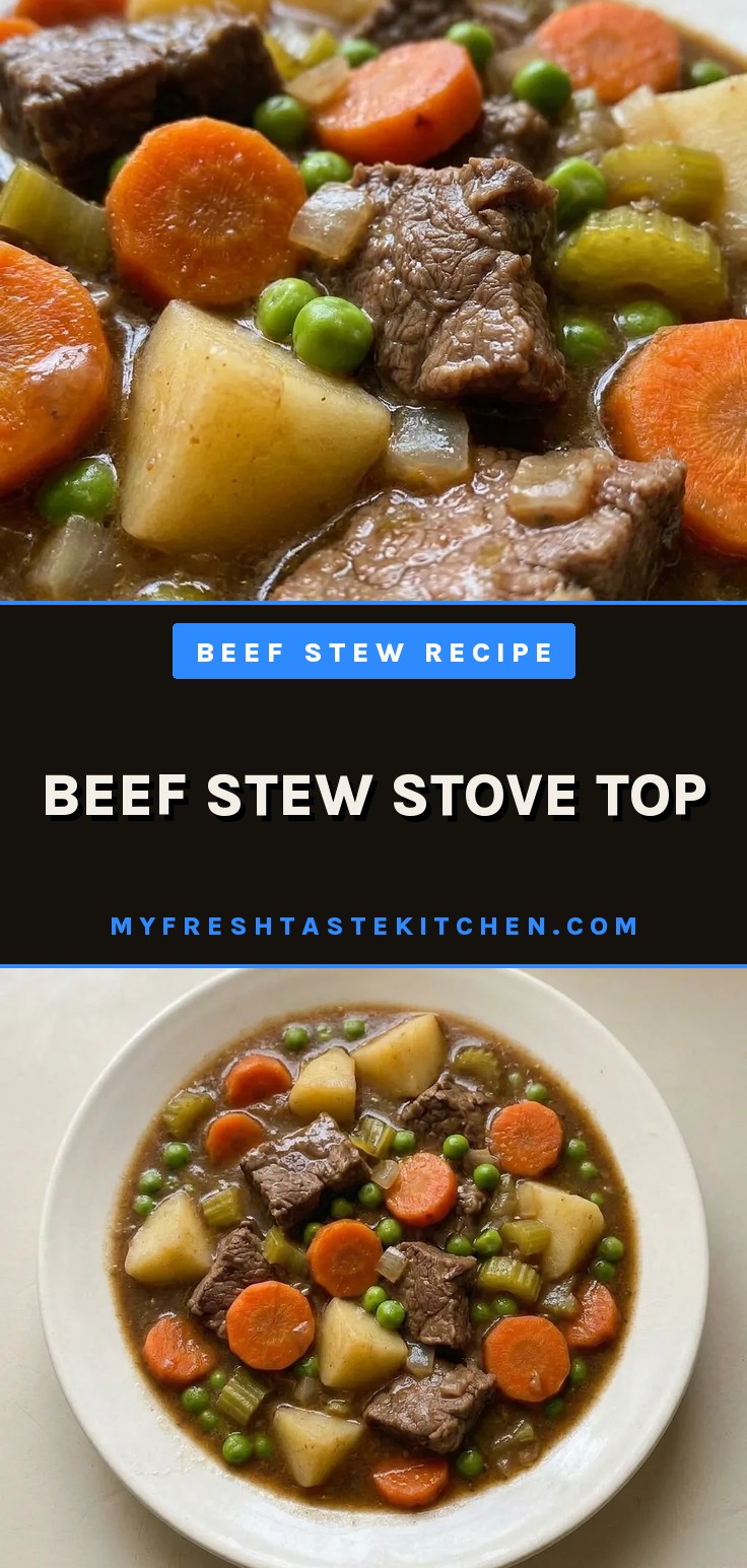 Easy beef stew stove top with beef chuck, carrots, celery, potatoes, and peas in a rich broth.