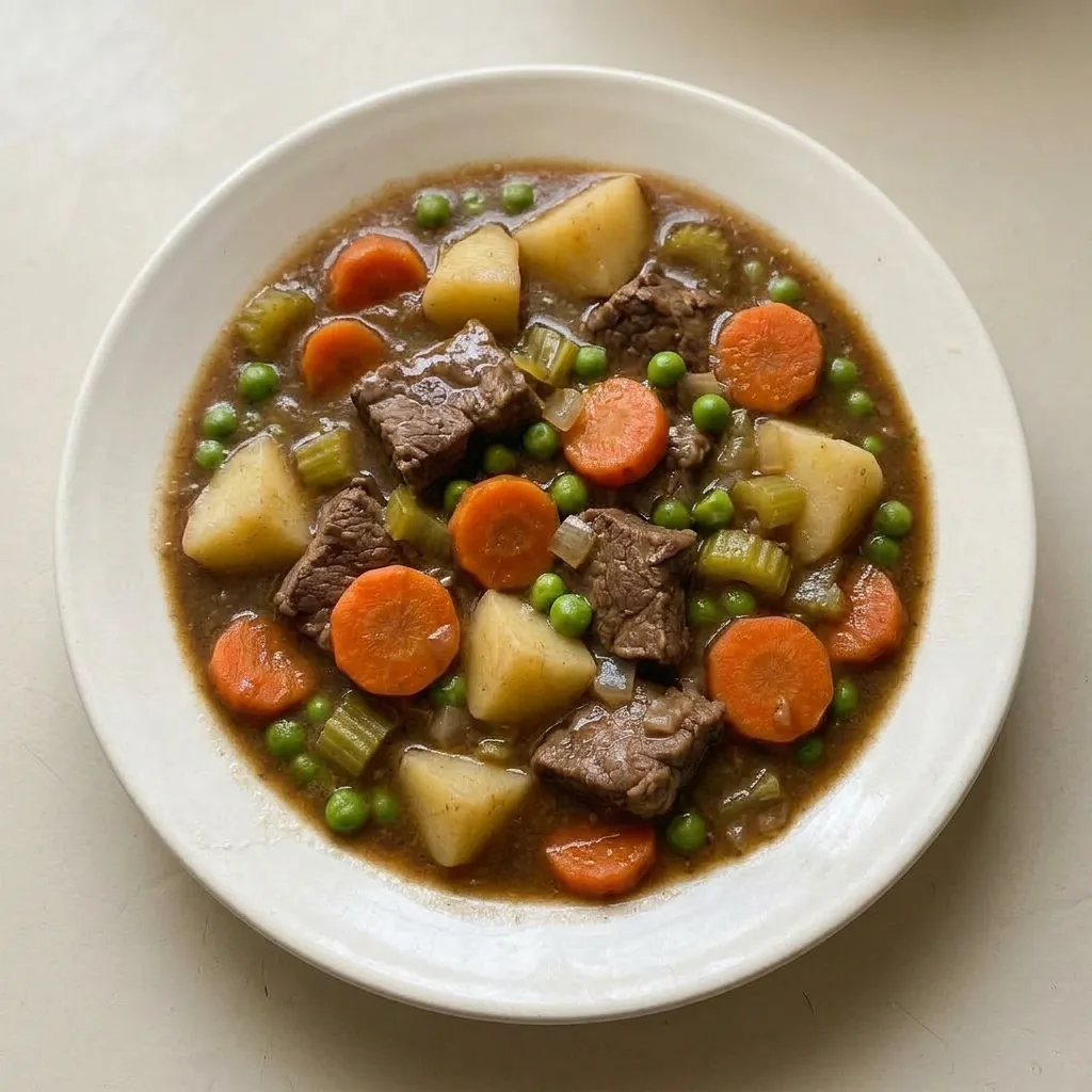 A plate of beef stew featuring beef, carrots, celery, potatoes, and peas in a tomato-based broth.