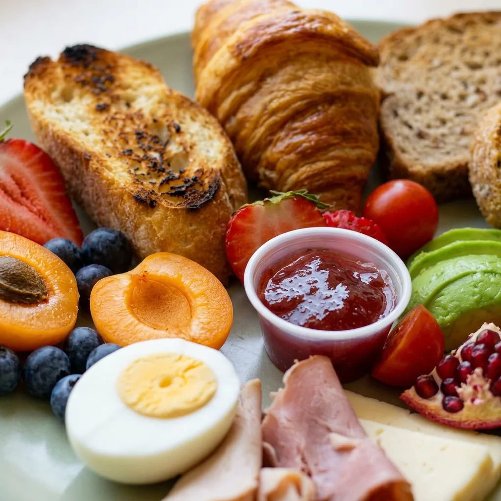Zoomed in on a croissant, strawberries, cherries, blueberries, radishes, cherry tomatoes, and turkey ham.