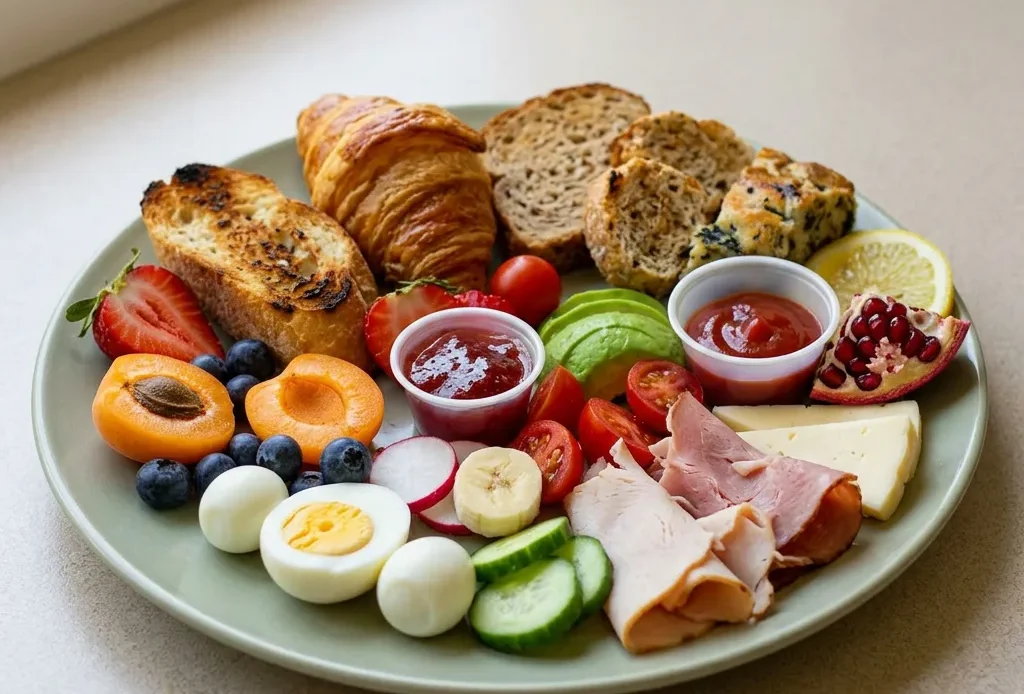 Bird's-eye view of a breakfast board with croissants, baguette, whole-grain bread, spinach pie, eggs, fruits, and meats.
