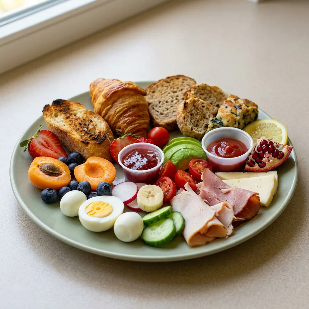Bird's-eye view of a breakfast board with croissants, baguette, whole-grain bread, spinach pie, eggs, fruits, and meats.
