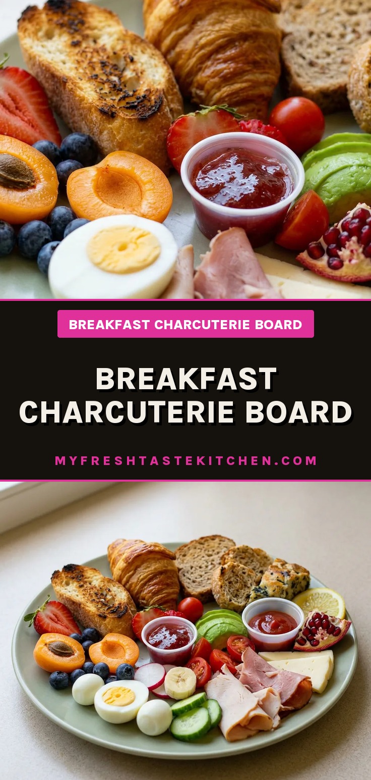 Easy breakfast charcuterie board with croissants, baguette, strawberries, and breakfast charcuterie board with eggs and cheese.
