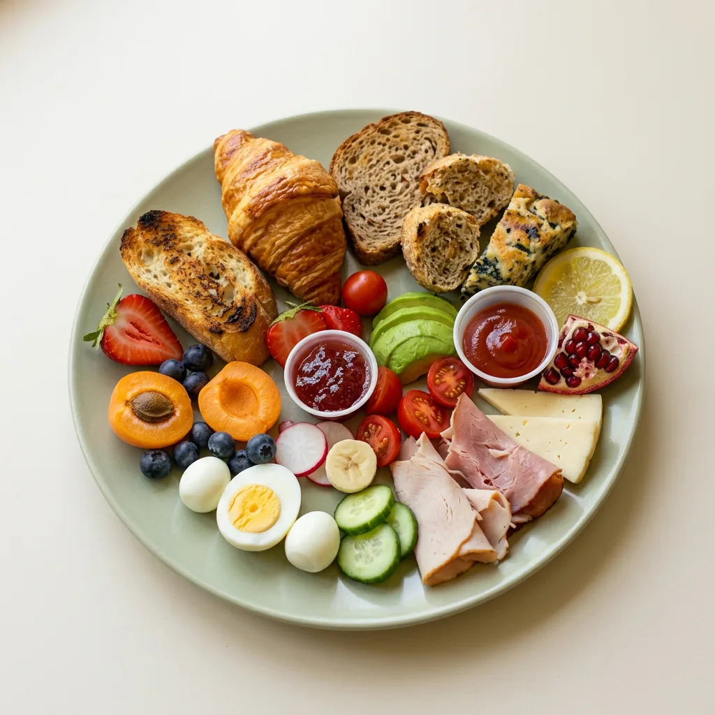Ready to serve: a charcuterie board with breads, spinach pie, eggs, fruits, vegetables, meats, and cheese.
