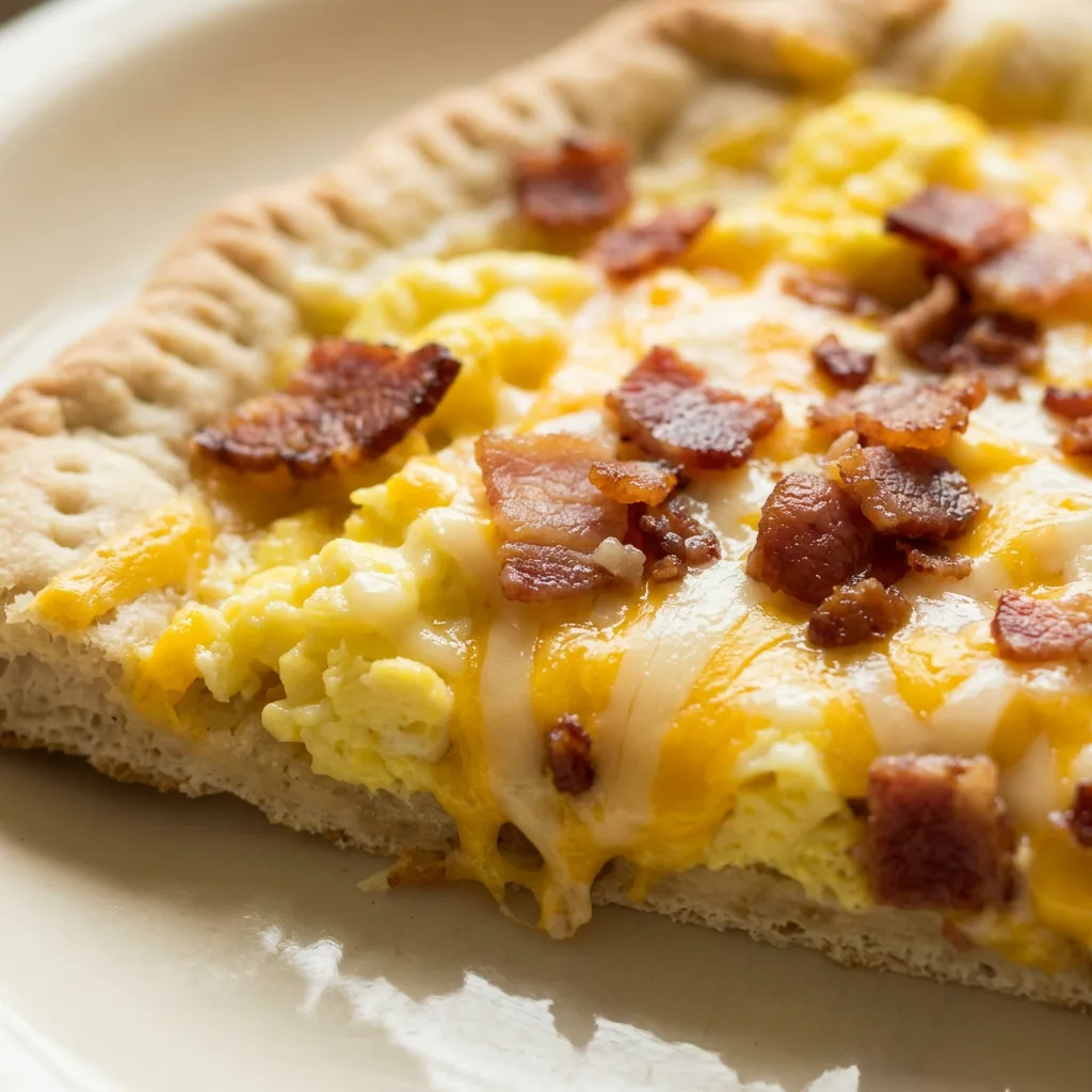 Close view of a pizza slice showing eggs, bacon, and gooey Cheddar Jack cheese.