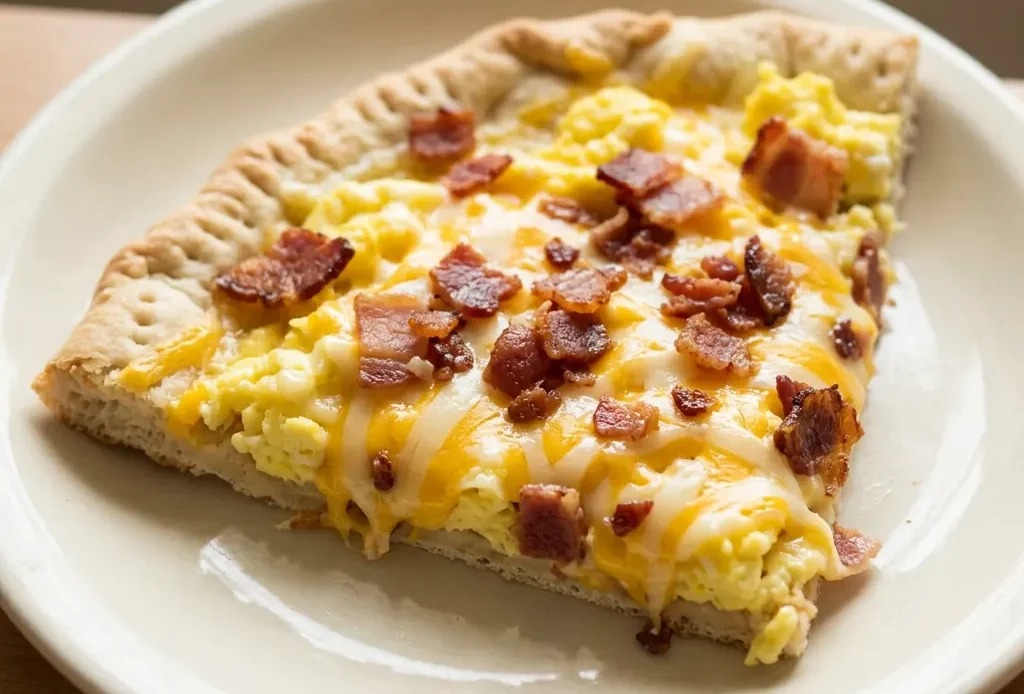 Overhead shot of a round pizza topped with scrambled eggs, bacon crumbles, and melted Cheddar Jack cheese.