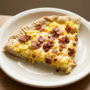 Overhead shot of a round pizza topped with scrambled eggs, bacon crumbles, and melted Cheddar Jack cheese.