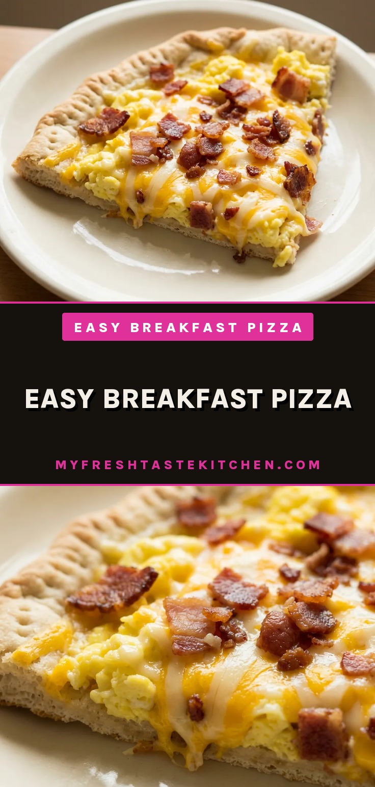 Easy breakfast pizza topped with scrambled eggs, crispy bacon, and melted Cheddar Jack cheese.