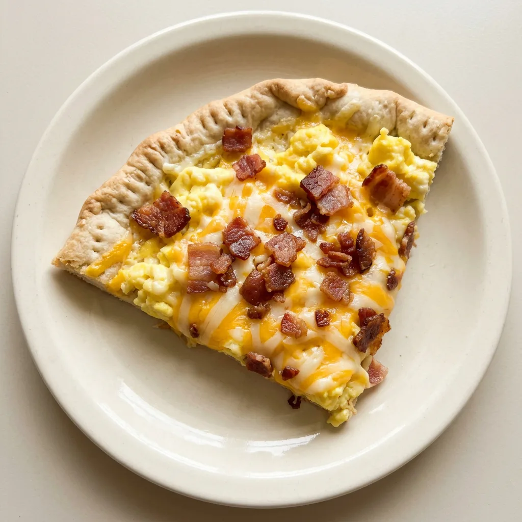Plated breakfast pizza with eggs, bacon, and Cheddar Jack cheese on a golden crust.