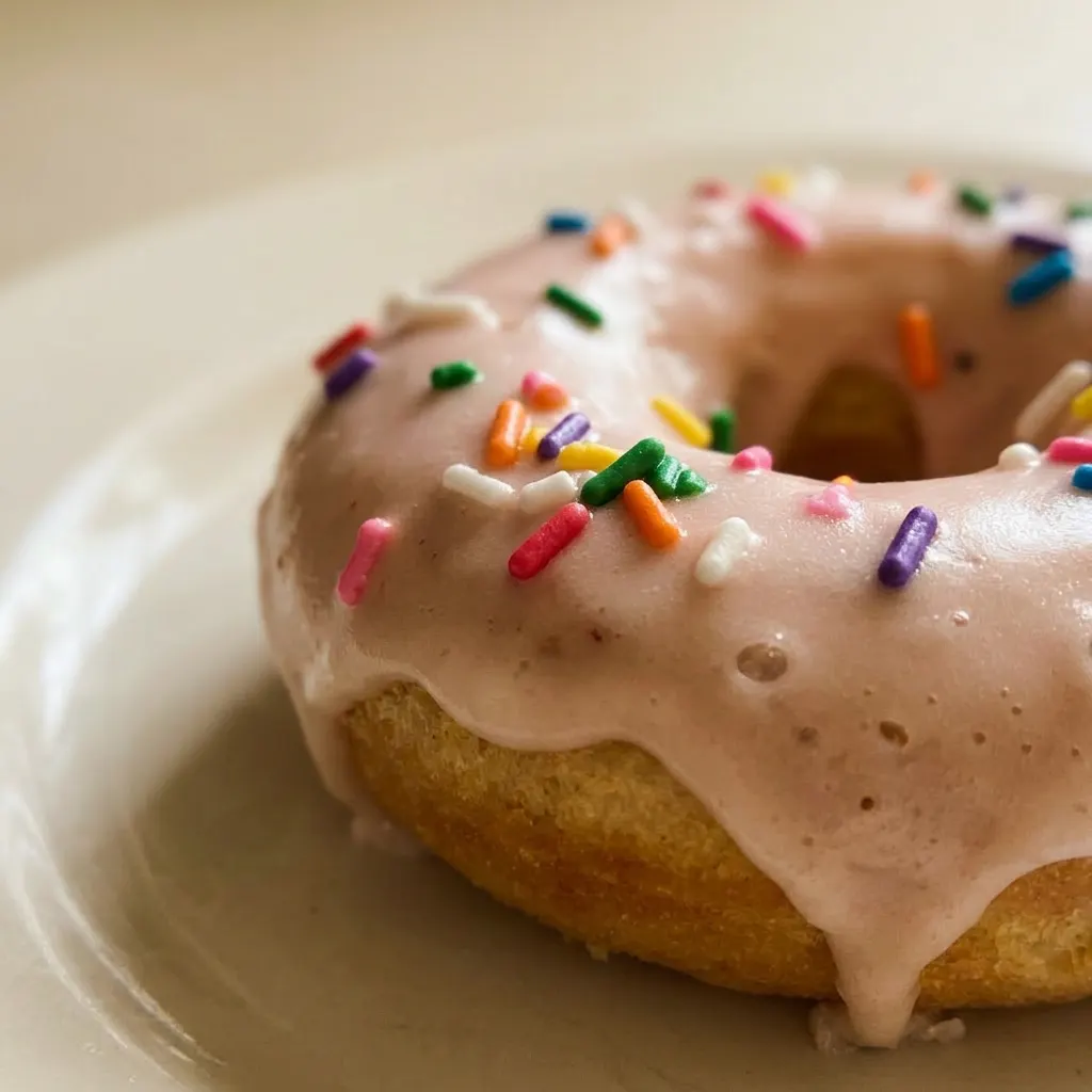 Zoomed in on a chocolate-glazed donut topped with rainbow sprinkles, showing its ring shape and glossy finish.