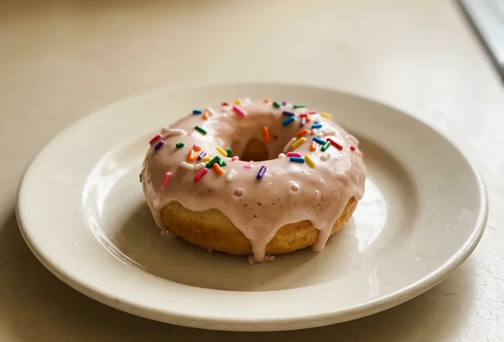 Bird's-eye view of two rows of glazed donuts, one with chocolate icing and sprinkles, the other with maple glaze.