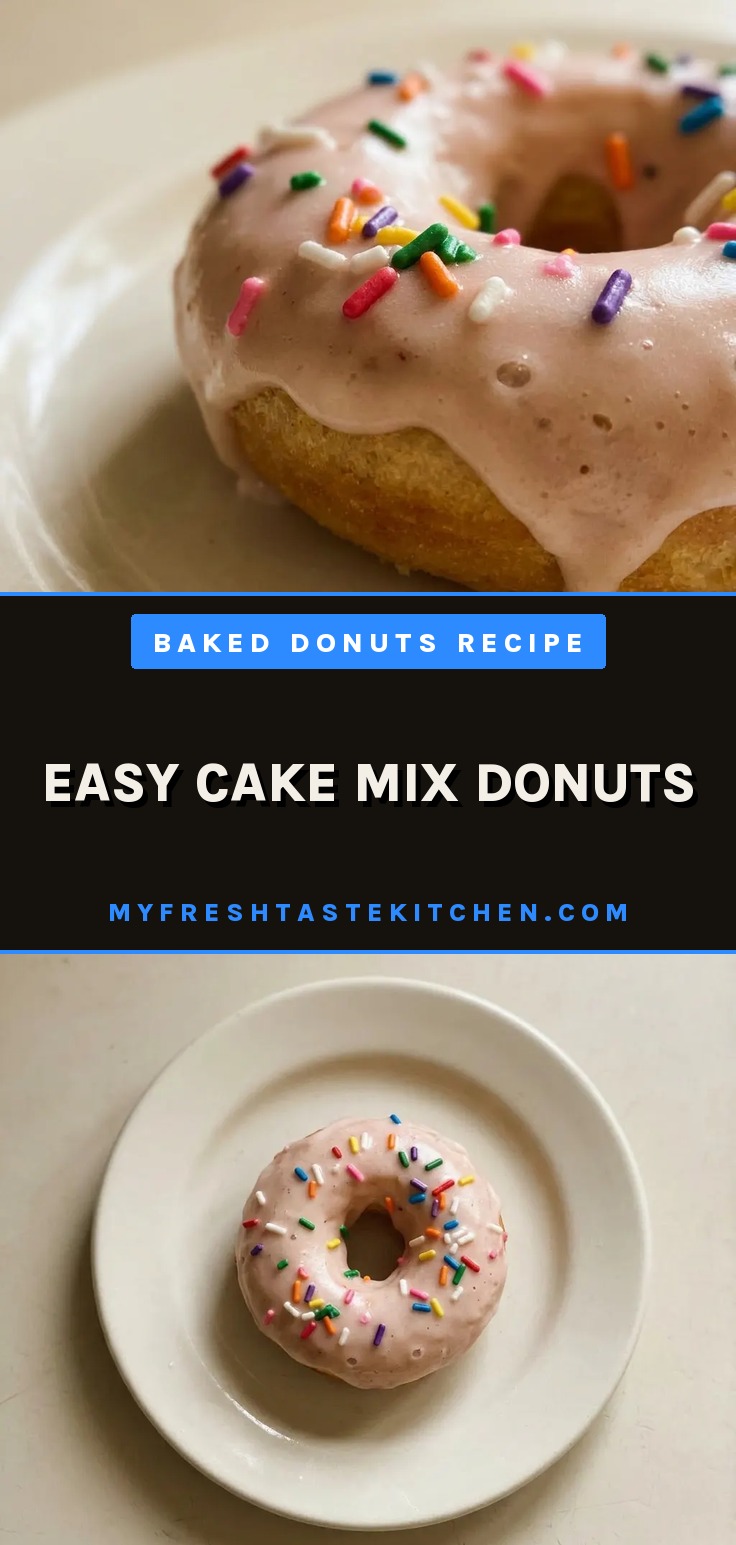 Easy cake mix donuts baked with sprinkles and chocolate glaze donuts on a rack, with maple glazed donuts in the background.