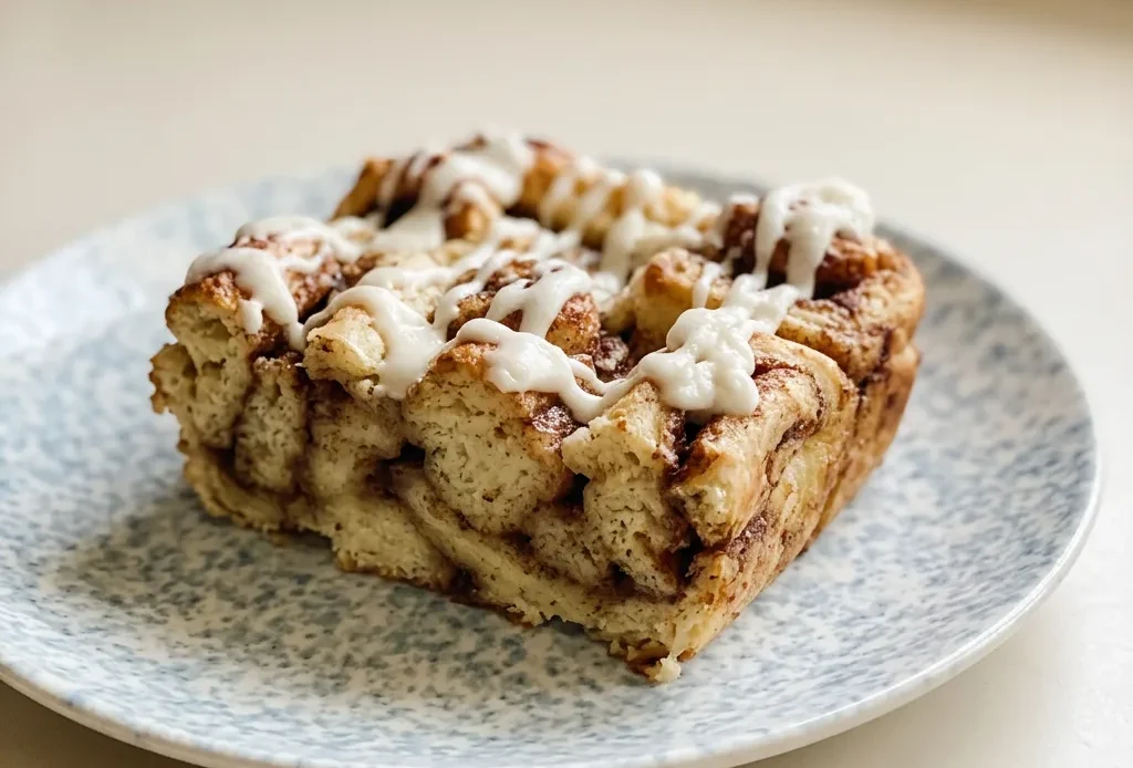Top-down look at a round casserole dish filled with cinnamon rolls drizzled with maple syrup and topped with butter pats.