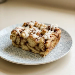 Top-down look at a round casserole dish filled with cinnamon rolls drizzled with maple syrup and topped with butter pats.