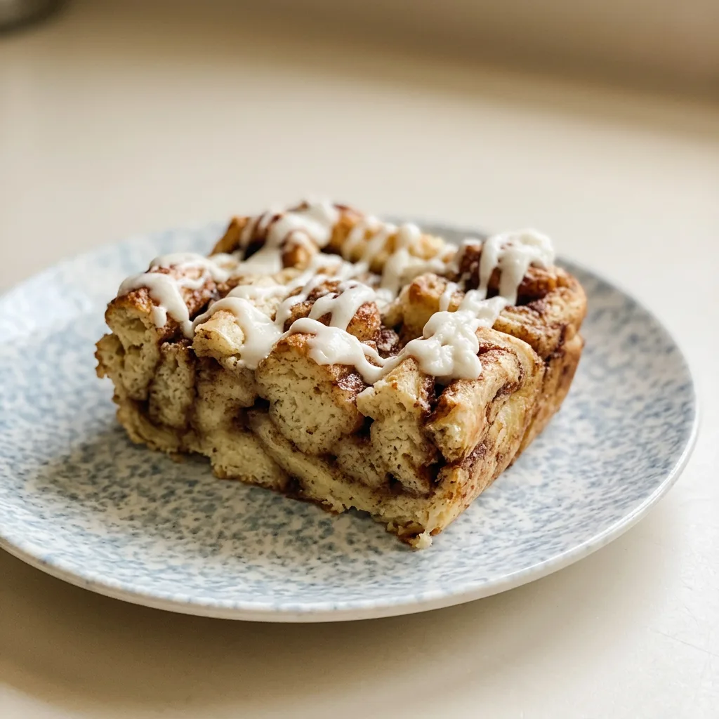 Top-down look at a round casserole dish filled with cinnamon rolls drizzled with maple syrup and topped with butter pats.