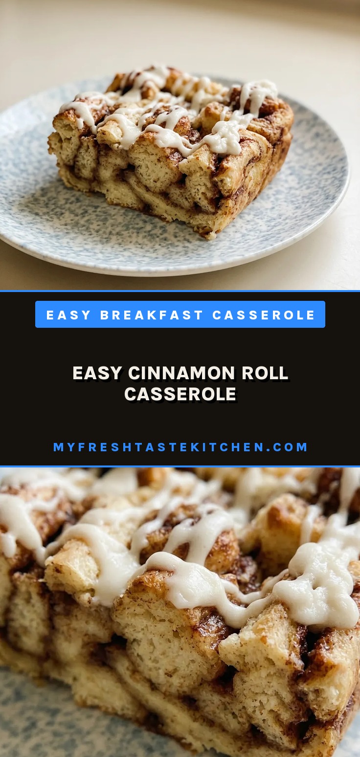 Easy cinnamon roll casserole in a baking dish, golden brown with cinnamon rolls and maple syrup glaze.