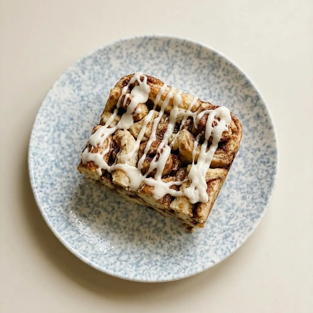 A serving of cinnamon roll casserole with a fork, showing layers of rolls soaked in custard and drizzled with syrup.