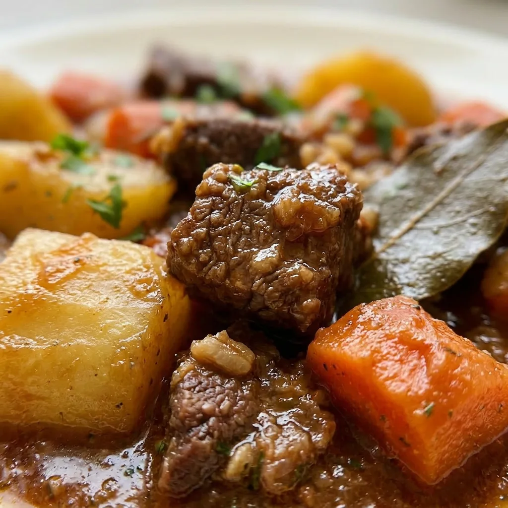 Close view of tender beef chuck roast chunks and soft carrots in rich tomato-beef broth with visible Worcestershire sauce sheen.