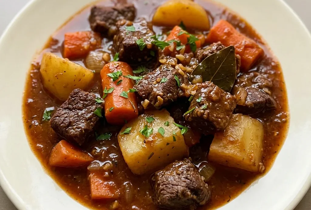 Overhead shot of beef stew with carrots, potatoes, and celery in thick broth, garnished with thyme and rosemary.