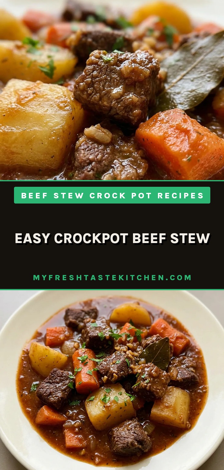 Easy crockpot beef stew with beef chuck roast, carrots, potatoes, celery, and a thick hearty stew in a bowl.
