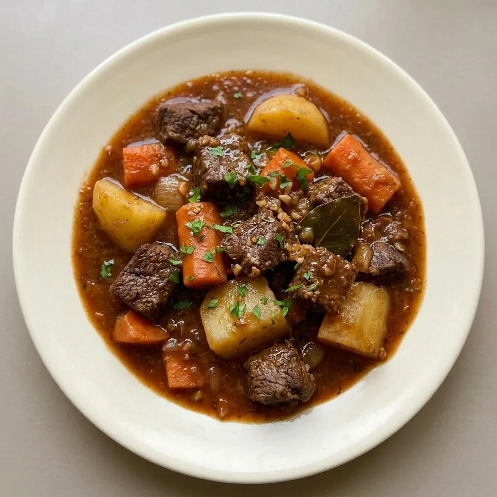 Plated beef stew featuring beef, carrots, potatoes, and celery, topped with fresh thyme and rosemary sprigs.