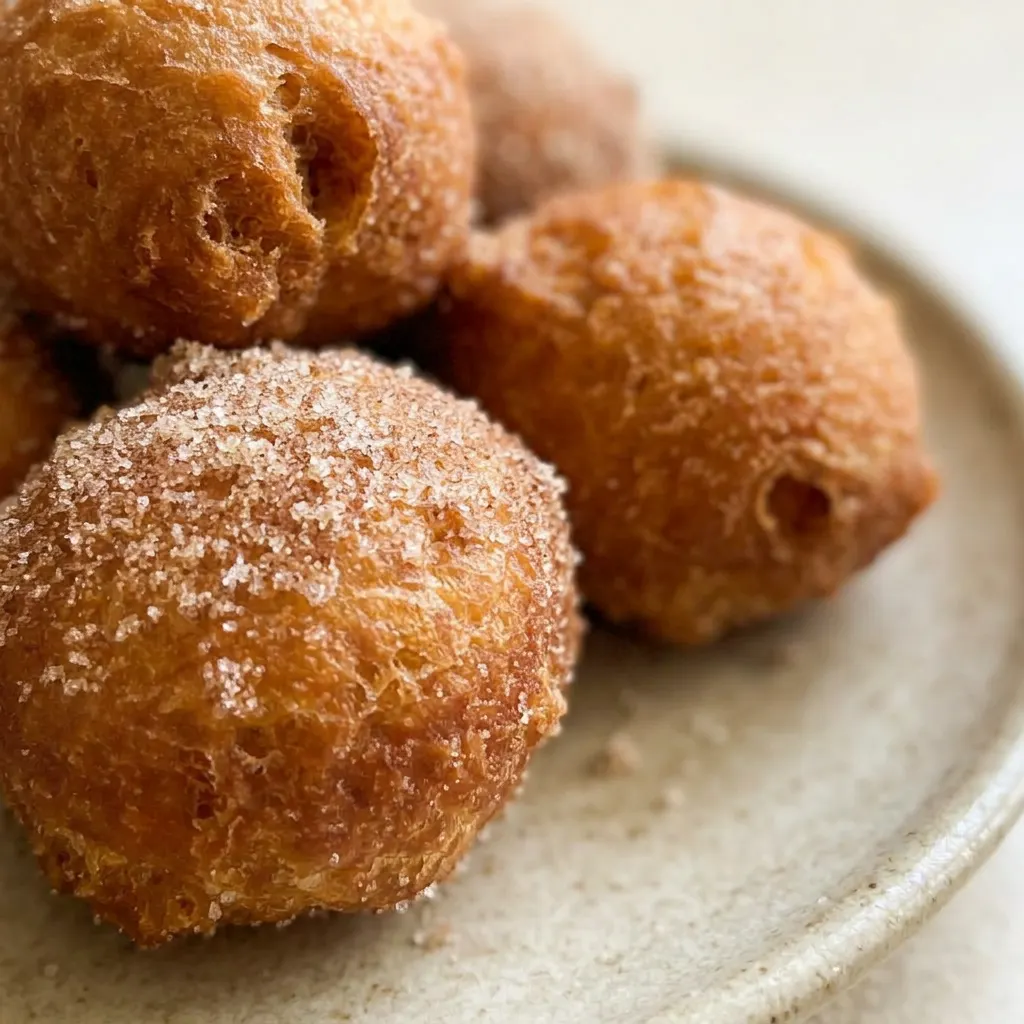 Up close, a golden brown donut hole with a glossy sheen and a light coating of powdered sugar.
