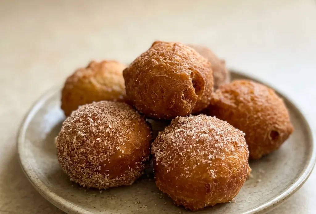 Looking down at a pile of golden brown donut holes with a dusting of powdered sugar on a dark surface.