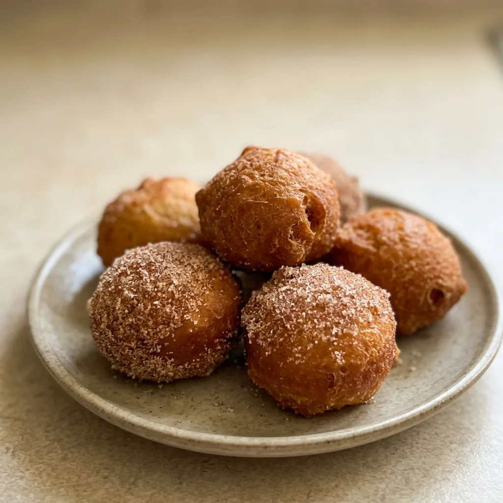Looking down at a pile of golden brown donut holes with a dusting of powdered sugar on a dark surface.