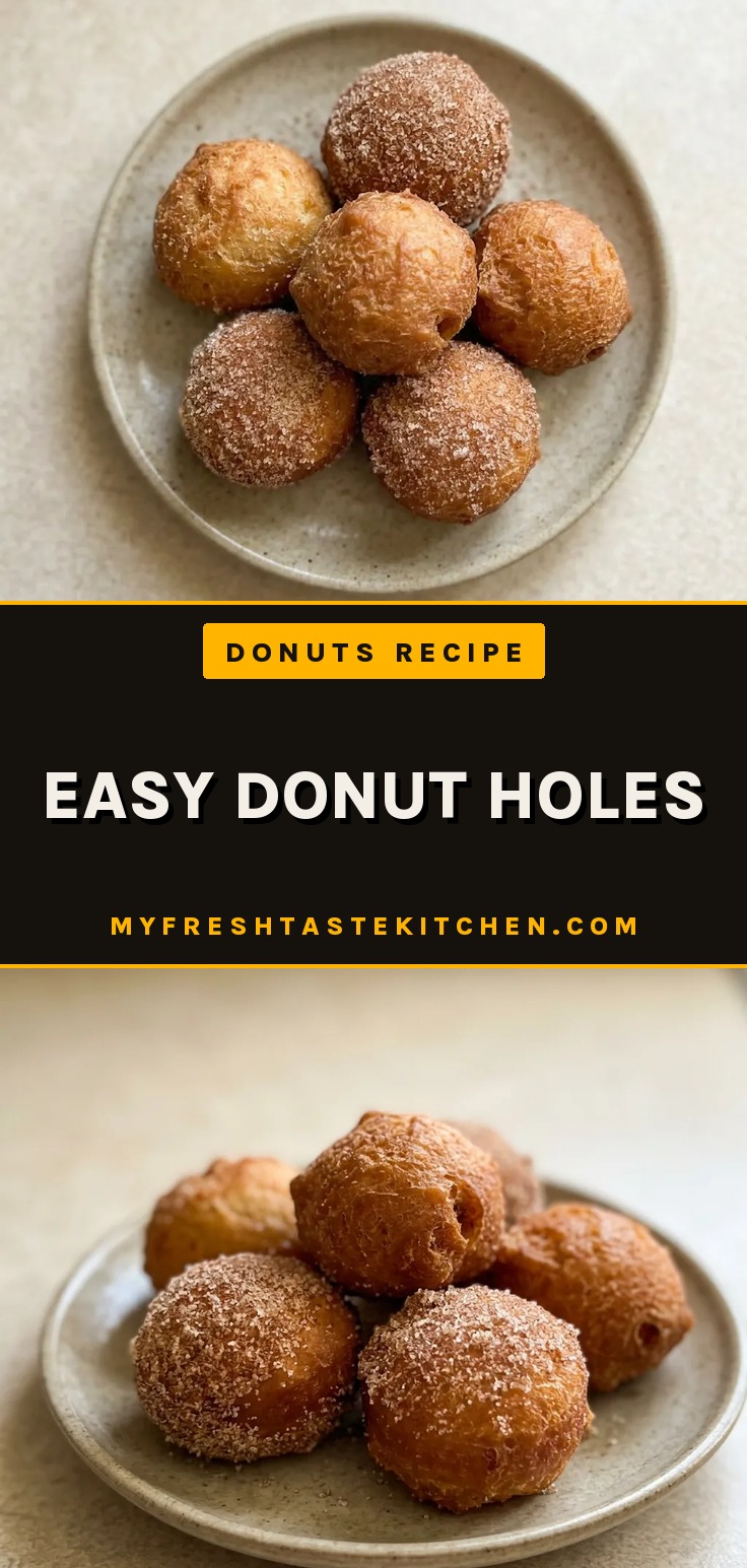 Easy donut holes, golden brown fried donut balls with a creamy center, dusted with cinnamon sugar.