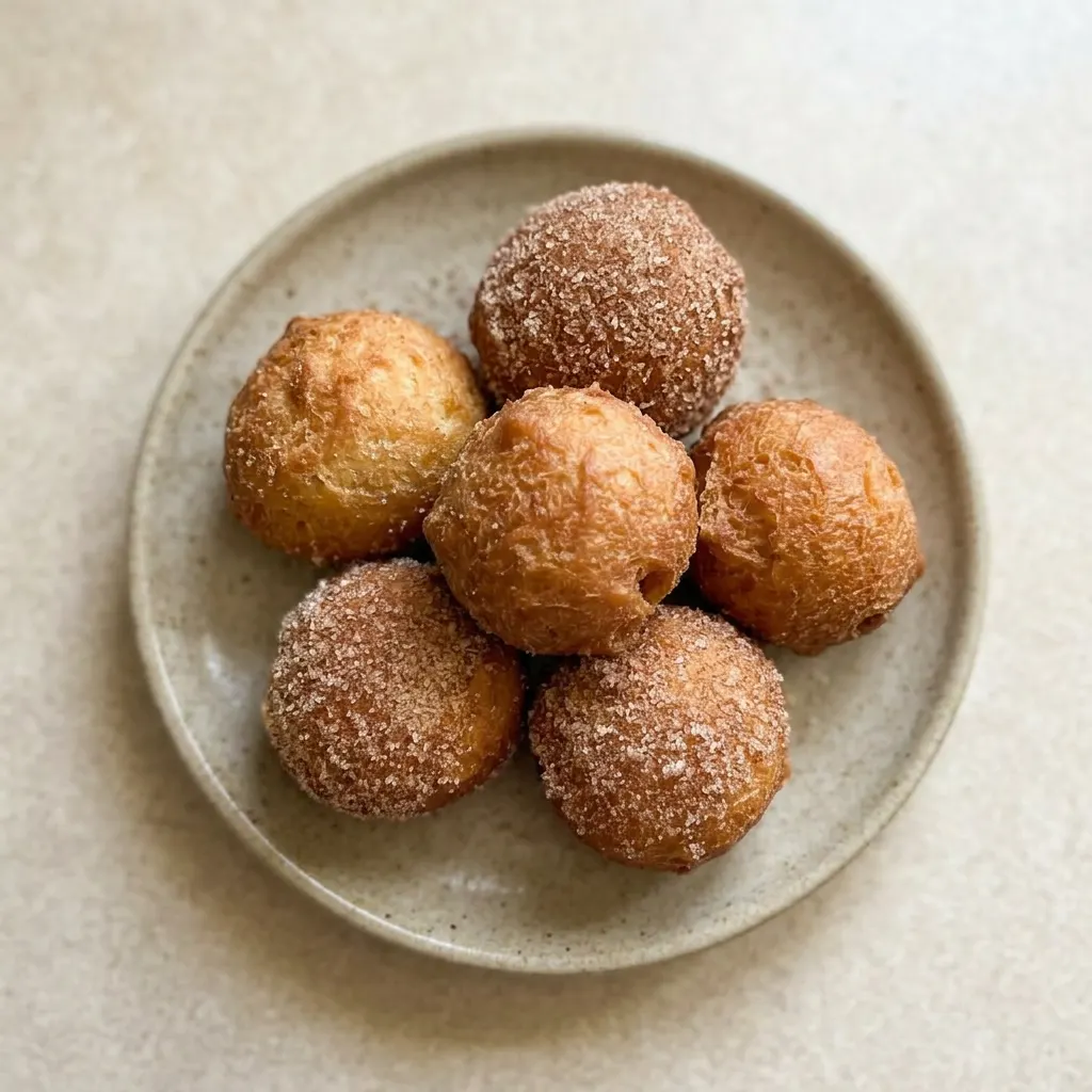 A plate of golden brown donut holes, some with visible cracks, dusted with powdered sugar.