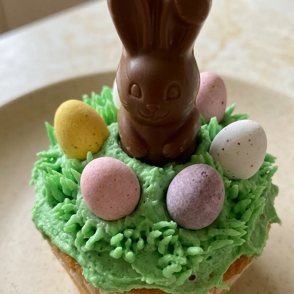 Close view of a green cupcake with a Maltesers Mini Bunny and two mini eggs on top.