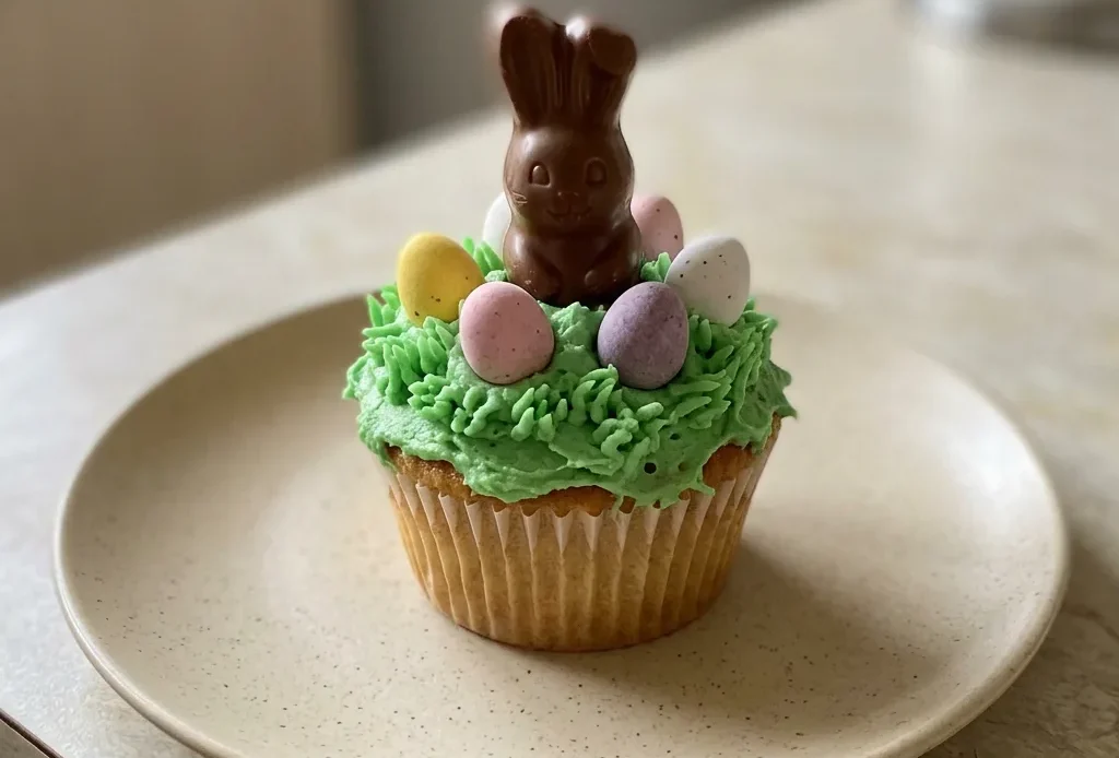 Overhead shot of a green-tinted cupcake topped with a Maltesers Mini Bunny and mini eggs.