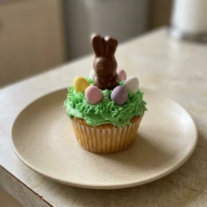 Overhead shot of a green-tinted cupcake topped with a Maltesers Mini Bunny and mini eggs.
