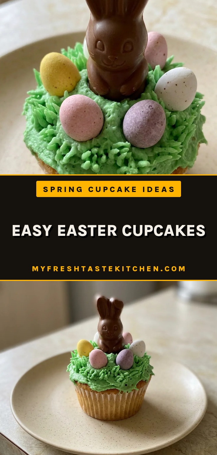 Overhead shot of a green-tinted cupcake topped with a Maltesers Mini Bunny and mini eggs.