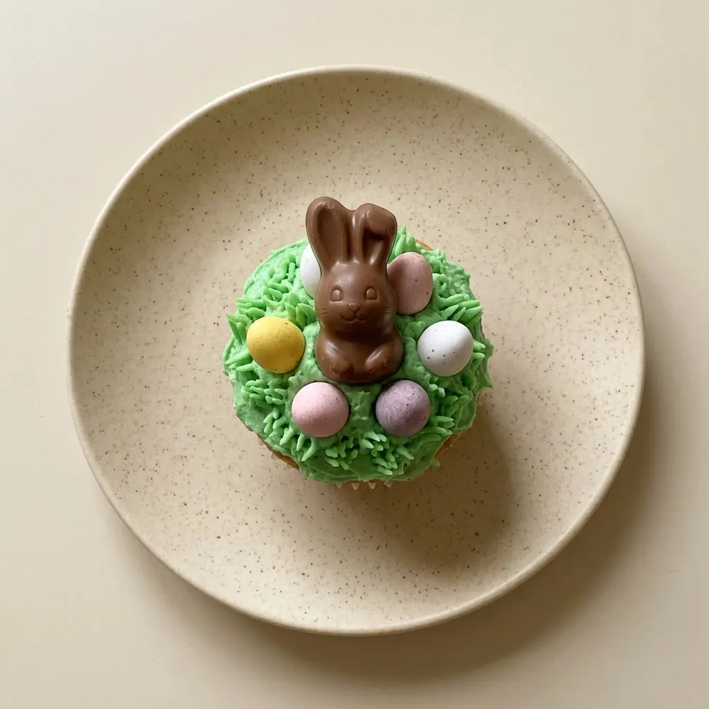 Plated cupcake with green frosting, a Maltesers Mini Bunny, and mini eggs.