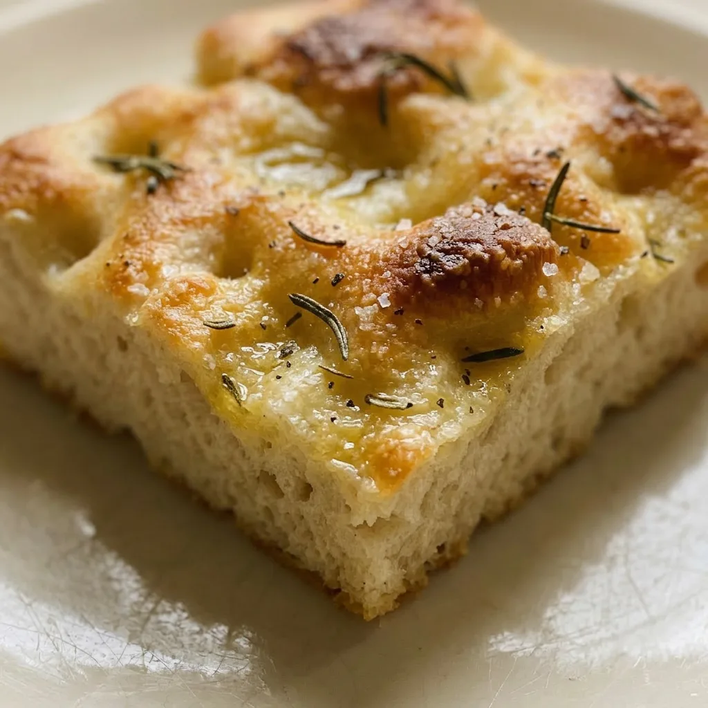 Macro detail of a focaccia slice showing golden crust, airy crumb, and visible rosemary and salt flakes.