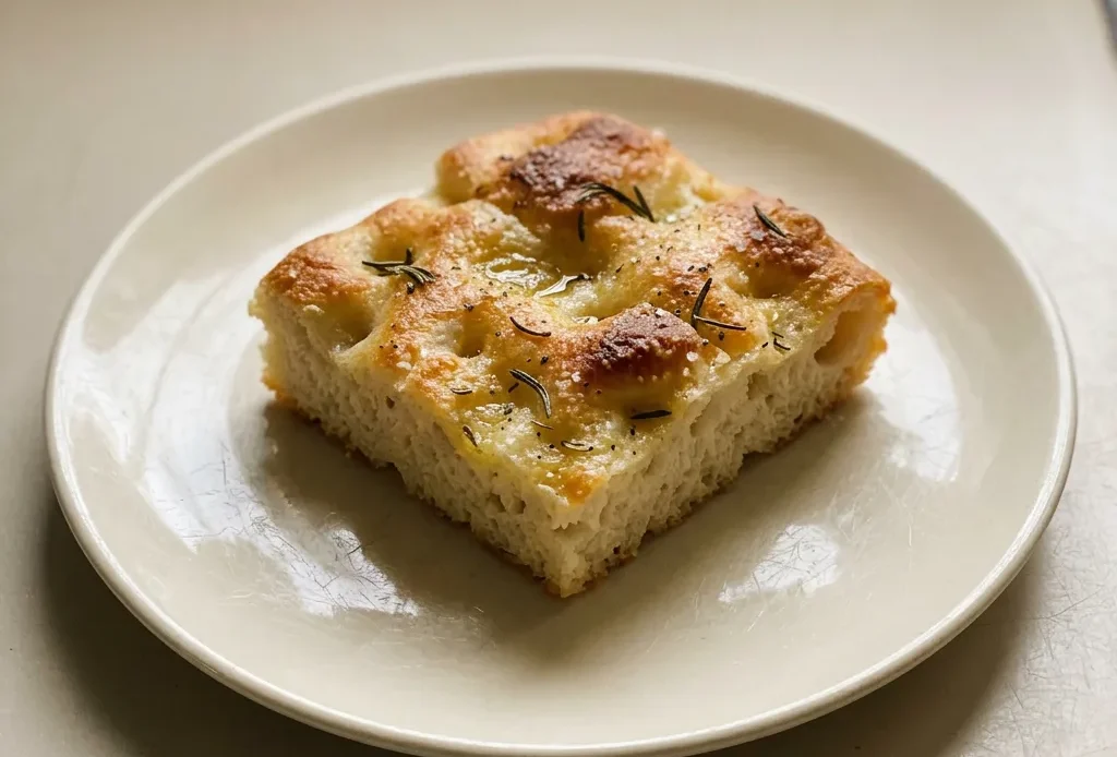 Top-down look at a round focaccia with dimpled surface, topped with fresh rosemary leaves and coarse sea salt.