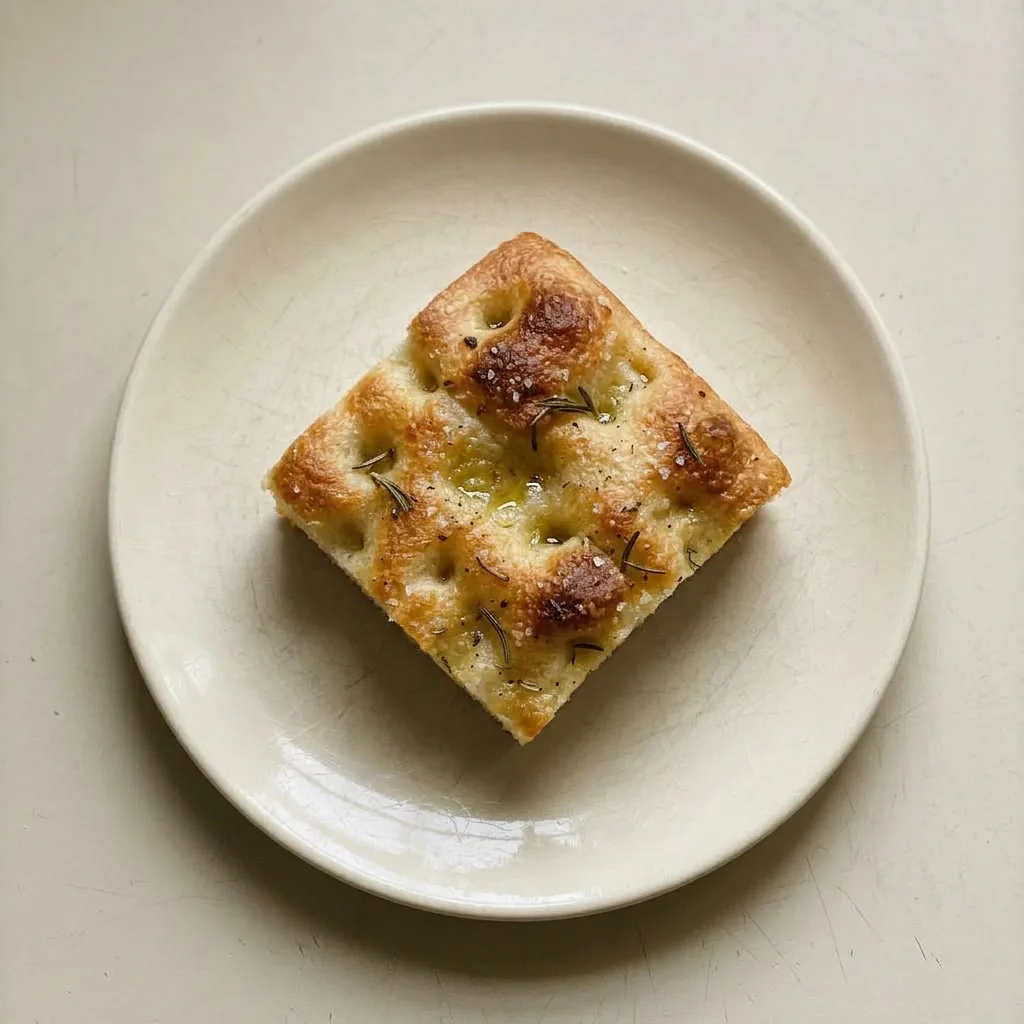 A serving of focaccia bread drizzled with olive oil and sprinkled with rosemary and sea salt.