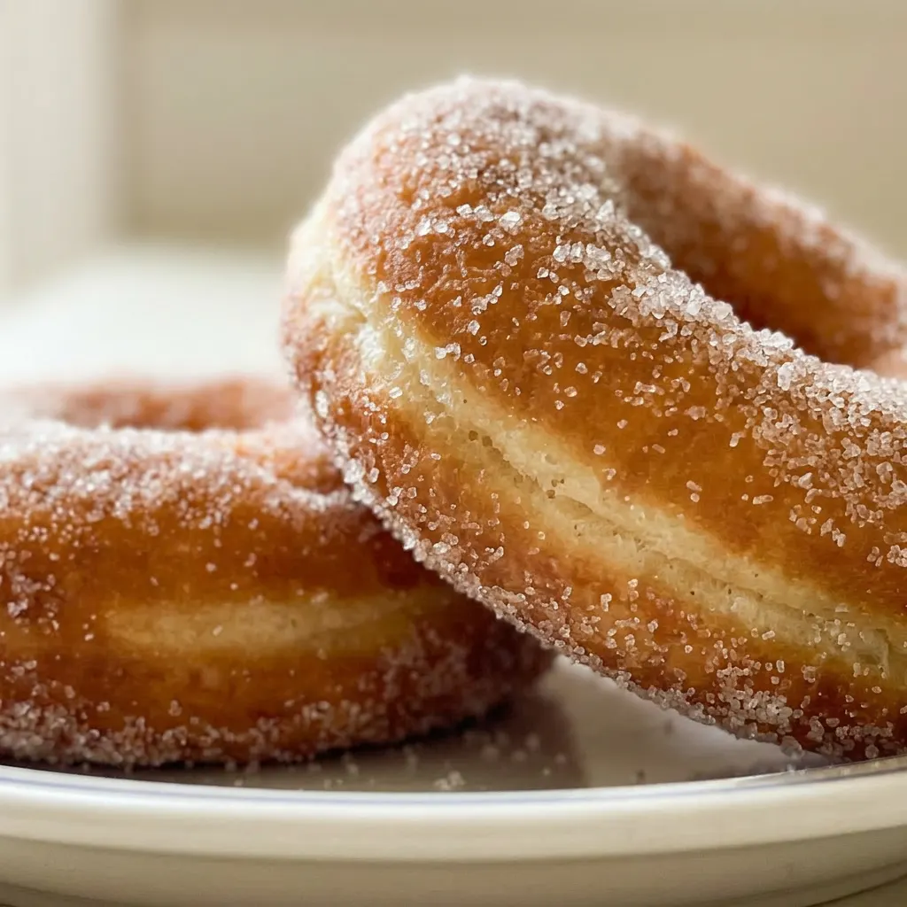 Up close, a golden donut with a glossy cinnamon sugar coating, showing a soft, airy crumb texture.