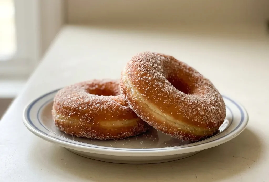 Looking down at a pile of round golden donuts, some coated in cinnamon sugar, arranged in a casual cluster.
