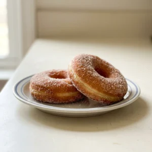 Looking down at a pile of round golden donuts, some coated in cinnamon sugar, arranged in a casual cluster.