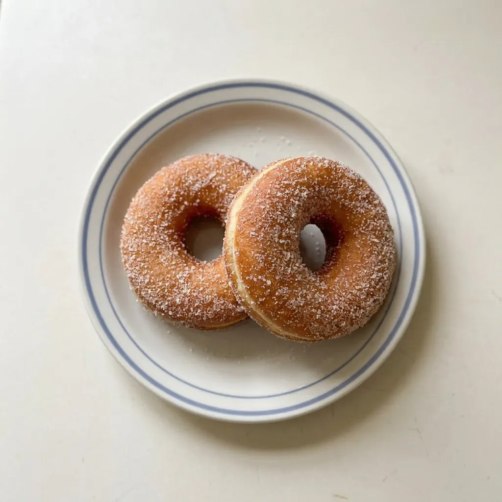 A plate of three fried donuts, lightly dusted with cinnamon sugar, stacked slightly off-center.