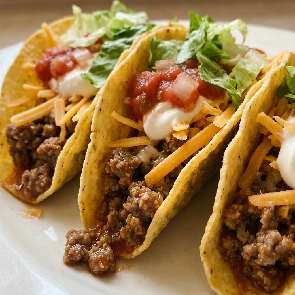 Zoomed in on a taco shell with seasoned ground beef and melted cheddar cheese visible.